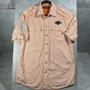 COOGI Mens Short Sleeve Button Up‎ Shirt Orange Check Embroidered Emblem Size M